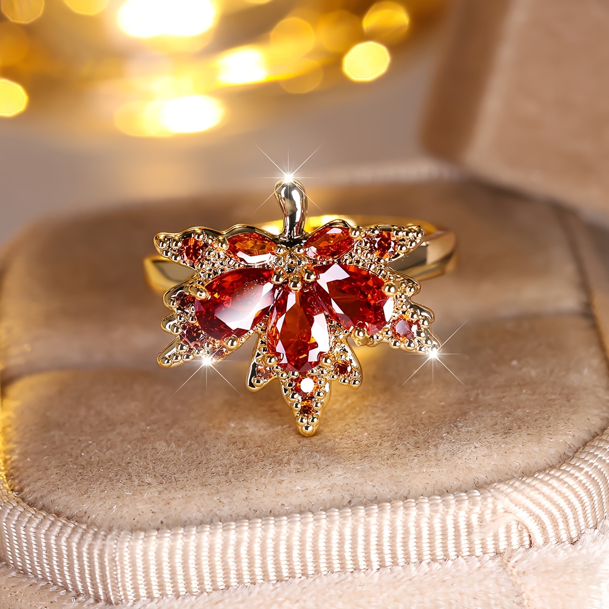 Maple Leaf Zirconia Ring for Women - Boho Style Copper Band